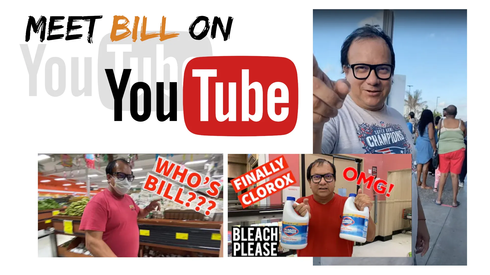 This is a collage of images of Bill from Bill Bail Bonds. There are three images of Bill throughout the collage, on the top left you have a banner which says "Meet Bill On YouTube" along with the YouTube Logo and black and orange letters. On the top right you have an image of Bill in the Miami area pointing at the camera because he was talking to it. On bottom left you have an image of Bill shopping at a supermarket in Miami during one of his videos. On the bottom right you have an image of Bill holding two bottles of clorox, looking at the camera, this was during the covid pandemic.