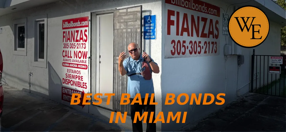 Image of Bill from Bill Bail Bonds standing in front of his office located in Miami. Bill is holding a phone and making a "come to my office" gesture with his other hand.